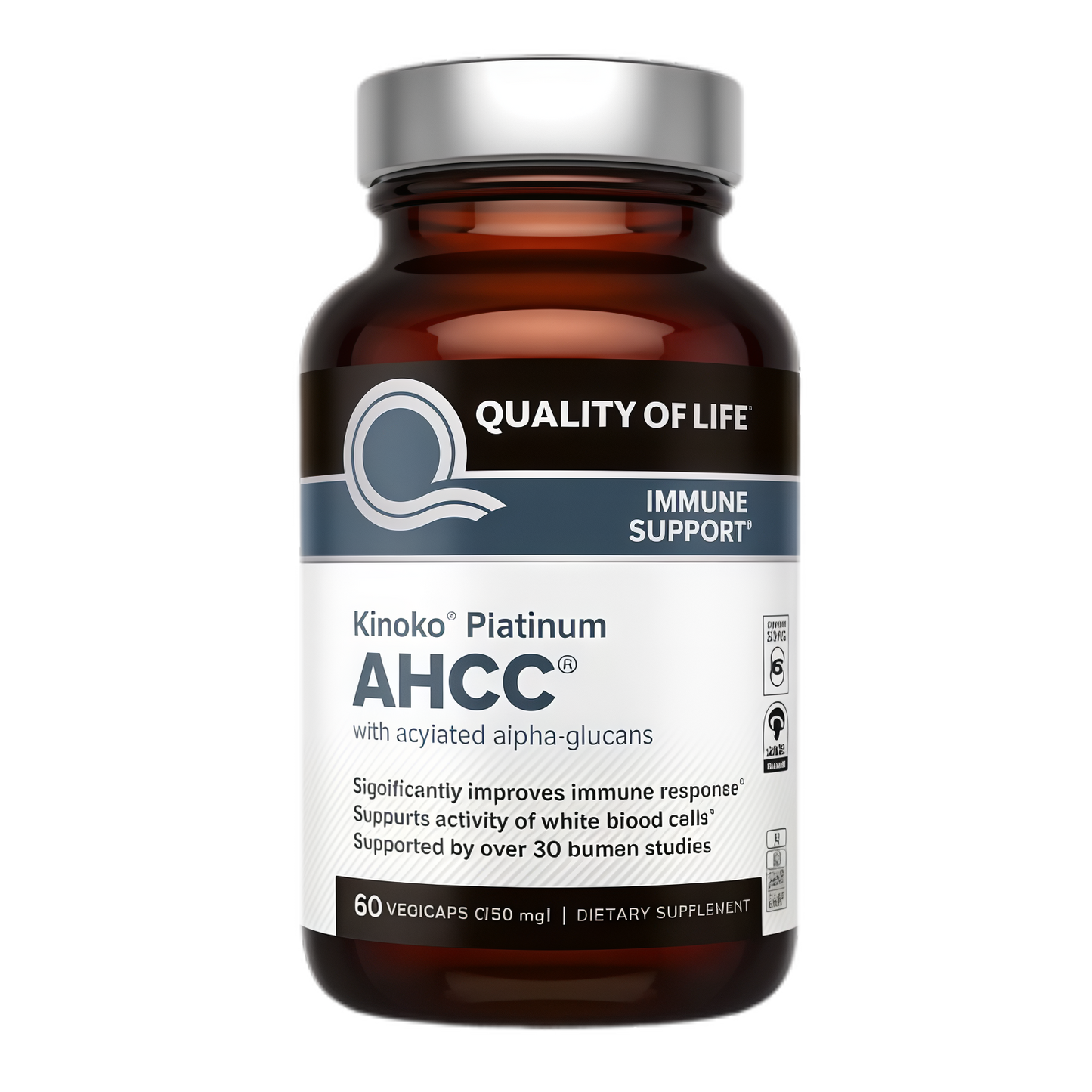 Quality of Life Premium Kinoko Platinum AHCC Herbal Supplement, 750mg per Capsule, for Immune Support, Liver Function, Maintains Natural Killer Cell Activity, Pack of 1, 60 Veggie Capsules