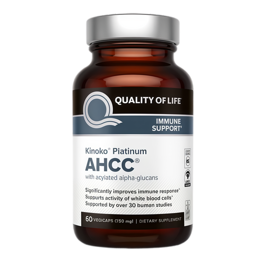 Quality of Life Premium Kinoko Platinum AHCC Herbal Supplement, 750mg per Capsule, for Immune Support, Liver Function, Maintains Natural Killer Cell Activity, Pack of 1, 60 Veggie Capsules